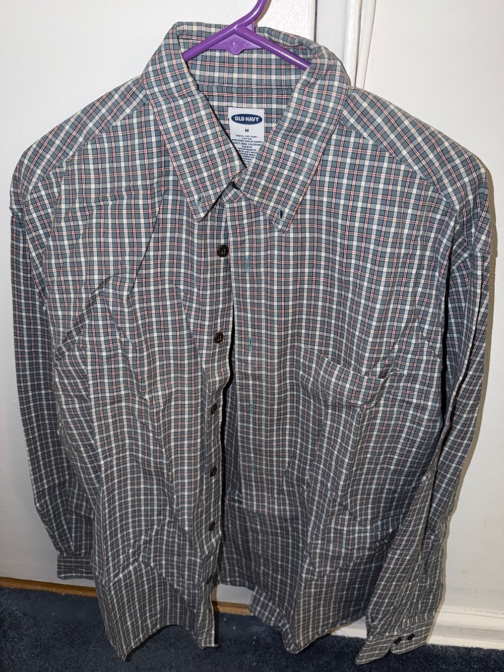 Old Navy Men's Gray and Blue Plaid Button-Down Shirt